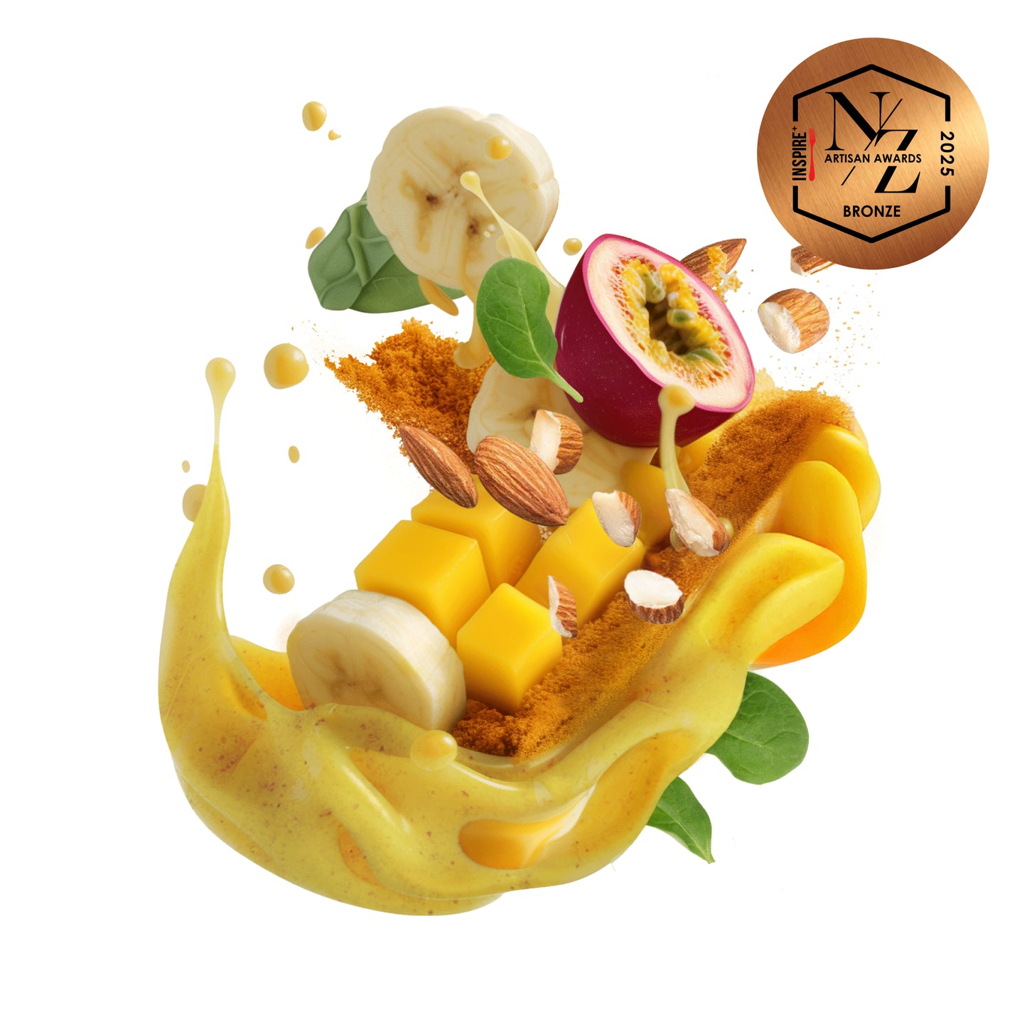 Orange smoothie with mango, banana, Passionfruit, Spinach, Almonds, and Turmeric suspended in the air