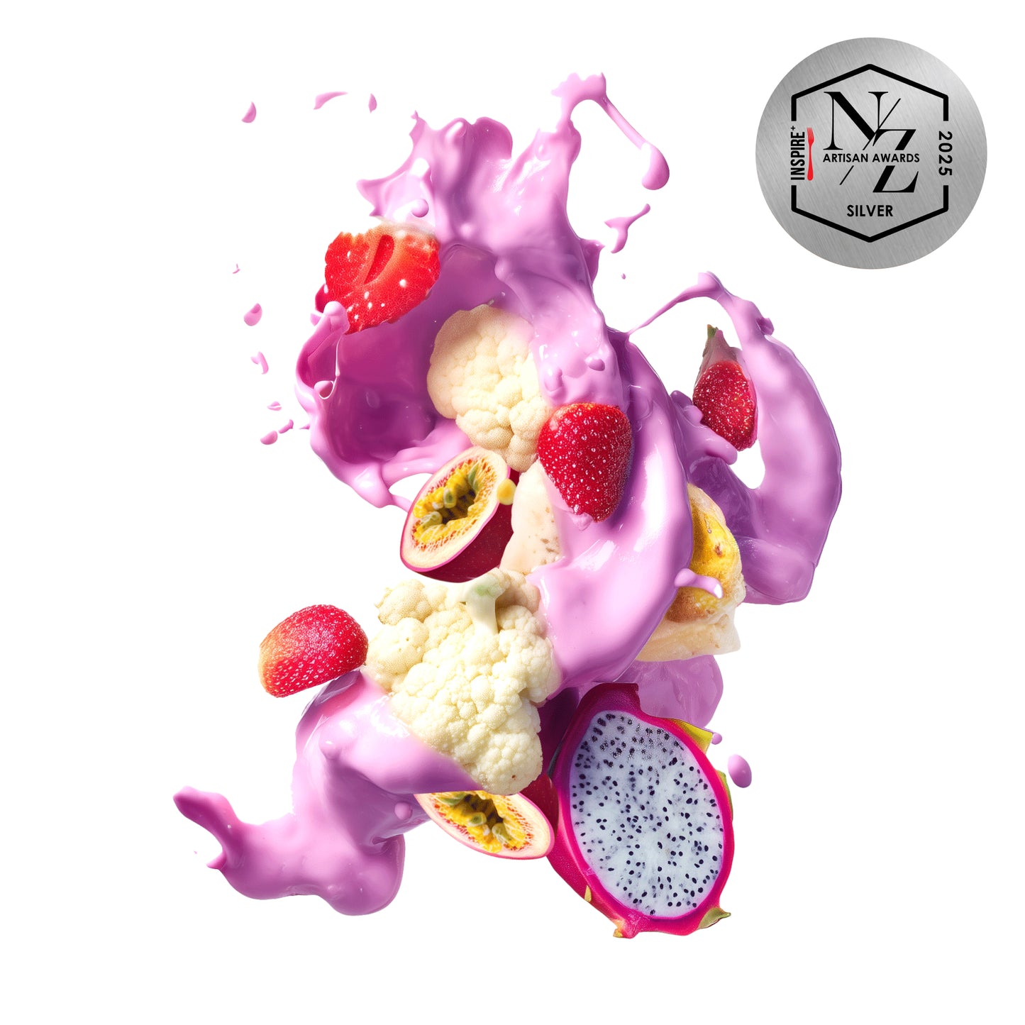 A pink smoothie with Strawberries, Banana, Cauliflower, Passionfruit, and Dragonfruit suspended in the air