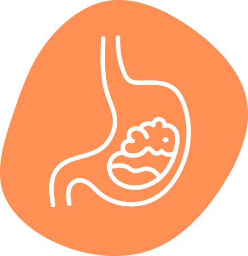Outline of a stomach digesting food on an orange background