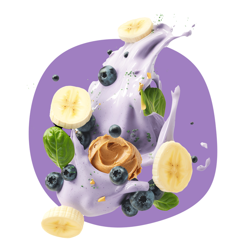 Purple smoothie with banana, blueberries, peanut butter, spinach, and Maca Powder on a purple background