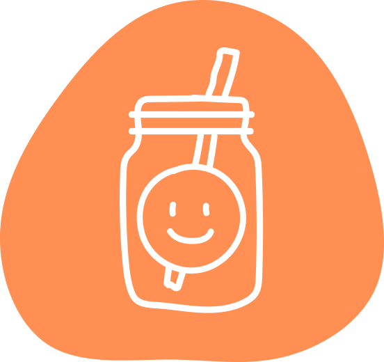Outline of a kids smoothie cup with a smiley face on a jar with a straw on an orange background