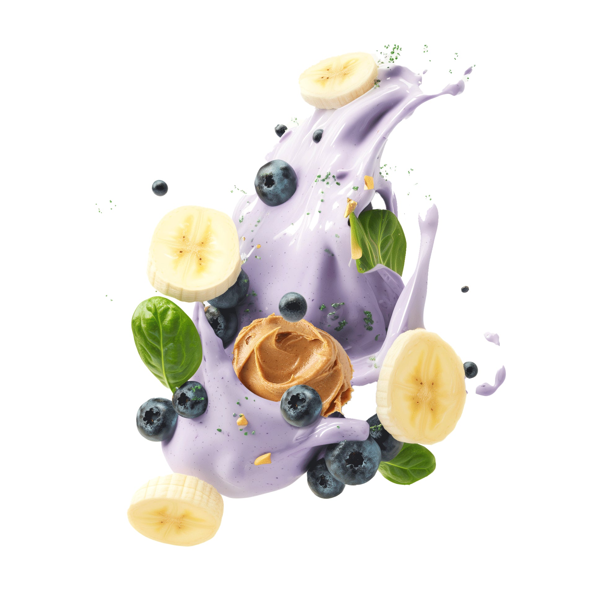Purple smoothie with banana, blueberries, peanut butter, spinach, and Maca Powder suspended in the air