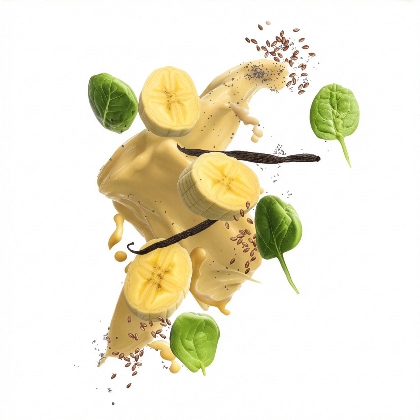 Yellow smoothie with Banana, Peanut Butter, Canadian Golden Pea Protein, Spinach, Cacao, and Flaxseed, suspended in the air