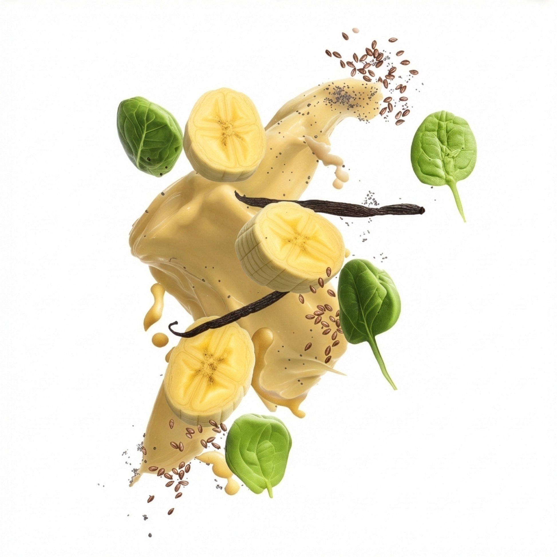 Yellow smoothie with Banana, Peanut Butter, Canadian Golden Pea Protein, Spinach, Cacao, and Flaxseed, suspended in the air