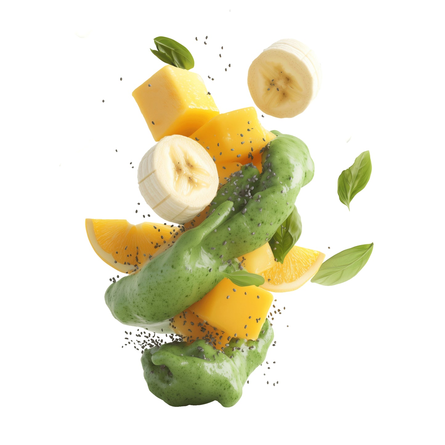 Green smoothie with Mango, Banana, Orange, Water, Spinach, Chia seeds, and Spirulina suspended in the air