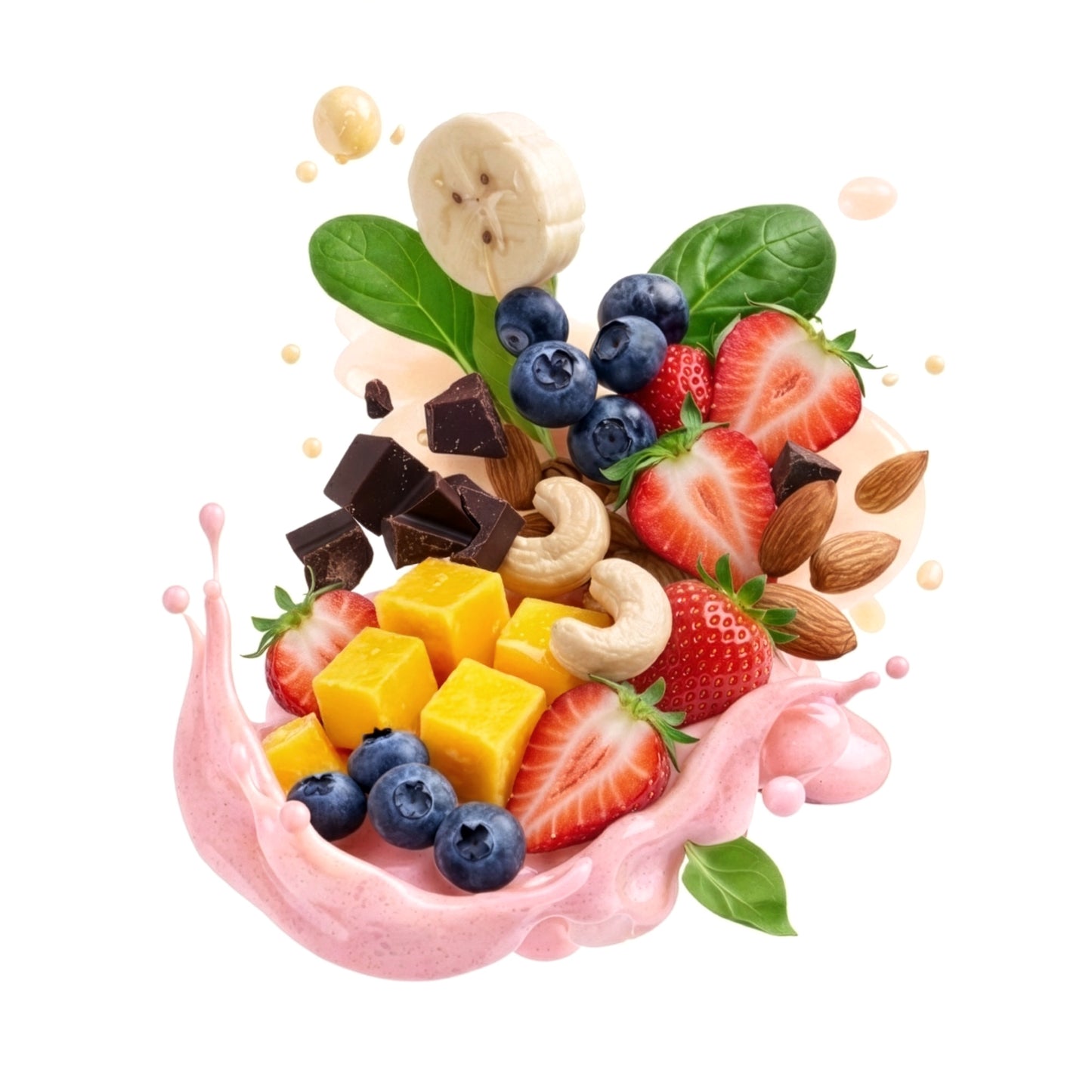 Pink smoothie with Banana, Peanut Butter, dark chocolate, Spinach, almonds, blueberries, strawberries, cashews, and mango, suspended in the air